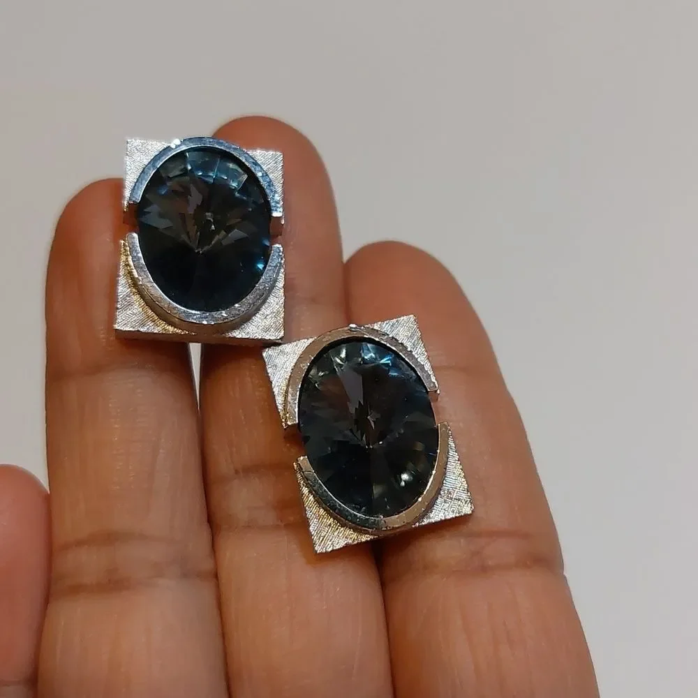 Vintage Dante Blue Rivoli Crystal Silver Tone Cufflinks